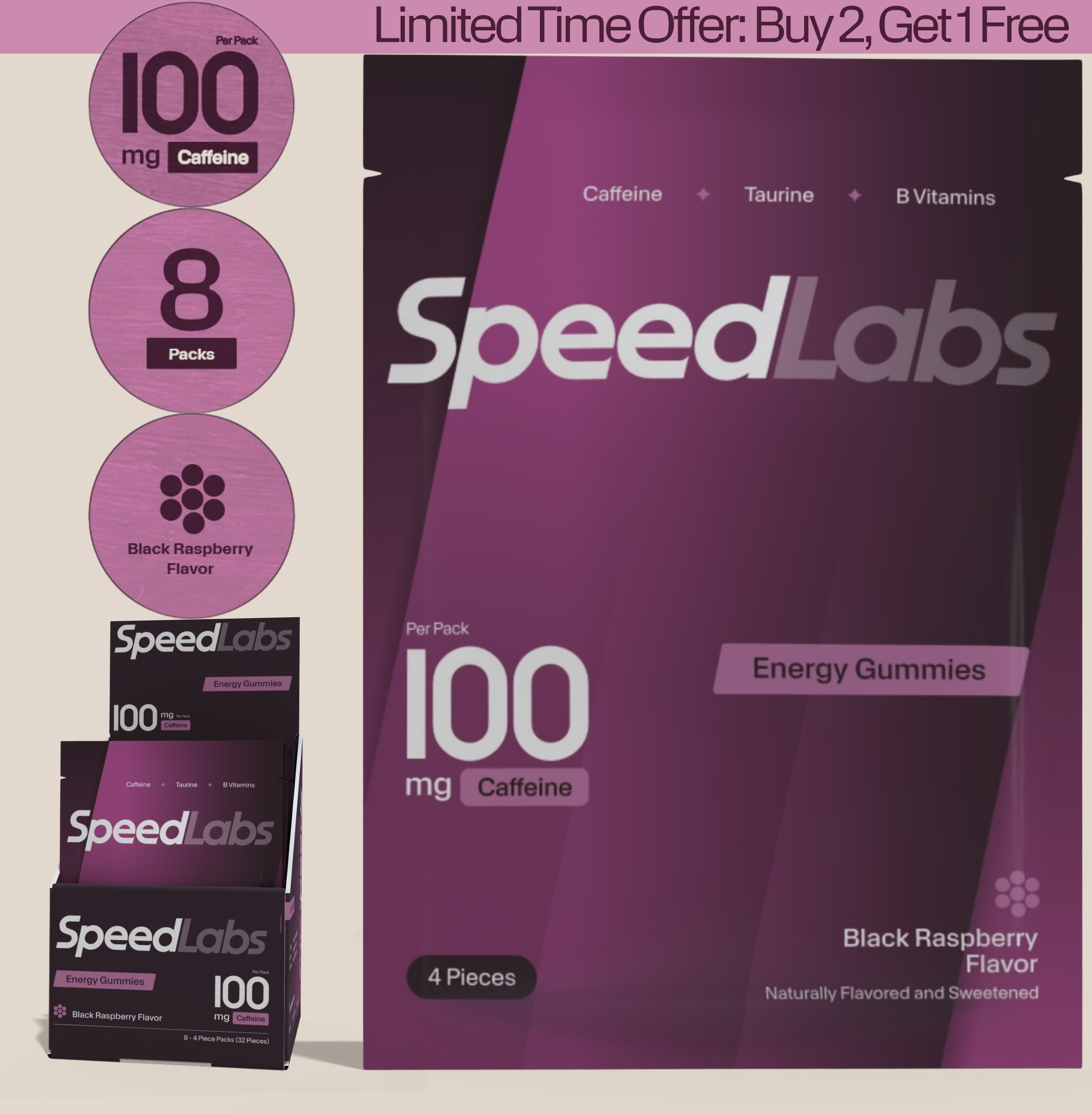 Black Raspberry Energy Gummies • 8 Packs • 32 Pieces